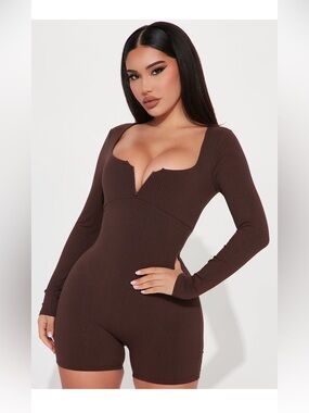 Fashion Nova Chocolate Brown Long Sleeve Ribbed Romper
